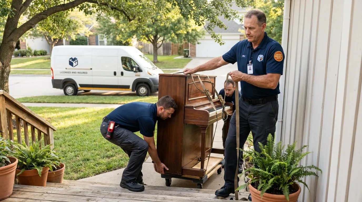 Licensed piano movers securing grand piano in Moore Haven, FL