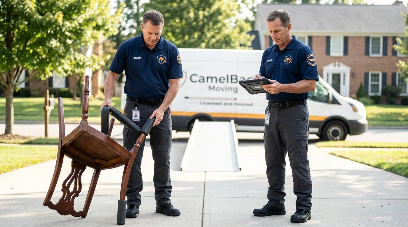 Movers inspecting furniture for damage prevention before loading in Moore Haven, FL