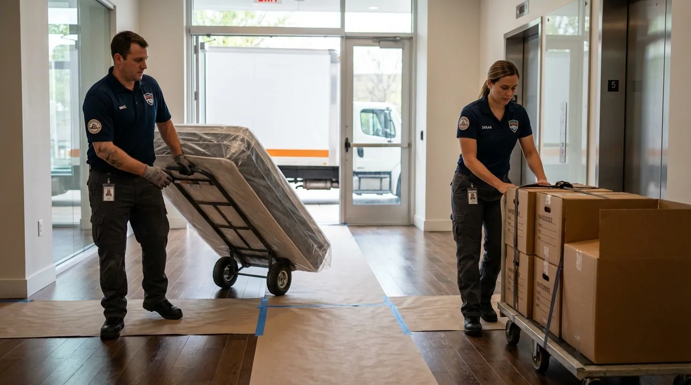 Professional apartment movers loading elevator in Moore Haven, FL
