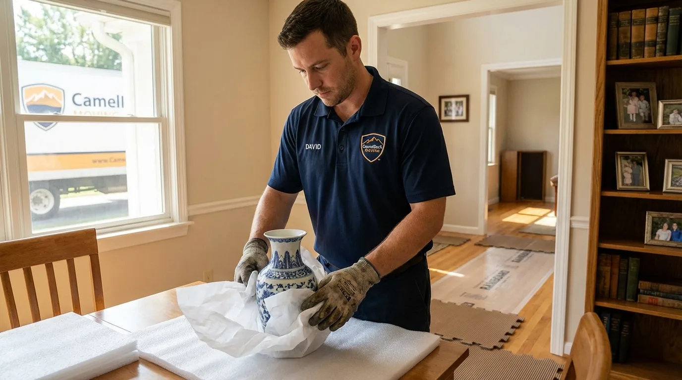 Professional crew carefully wrapping antique vase for senior downsizing move in Moore Haven, FL